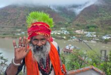 Baba Narayan Giri growing greenery on head